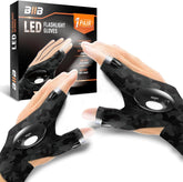 Black LED flashlight gloves with packaging on a white background